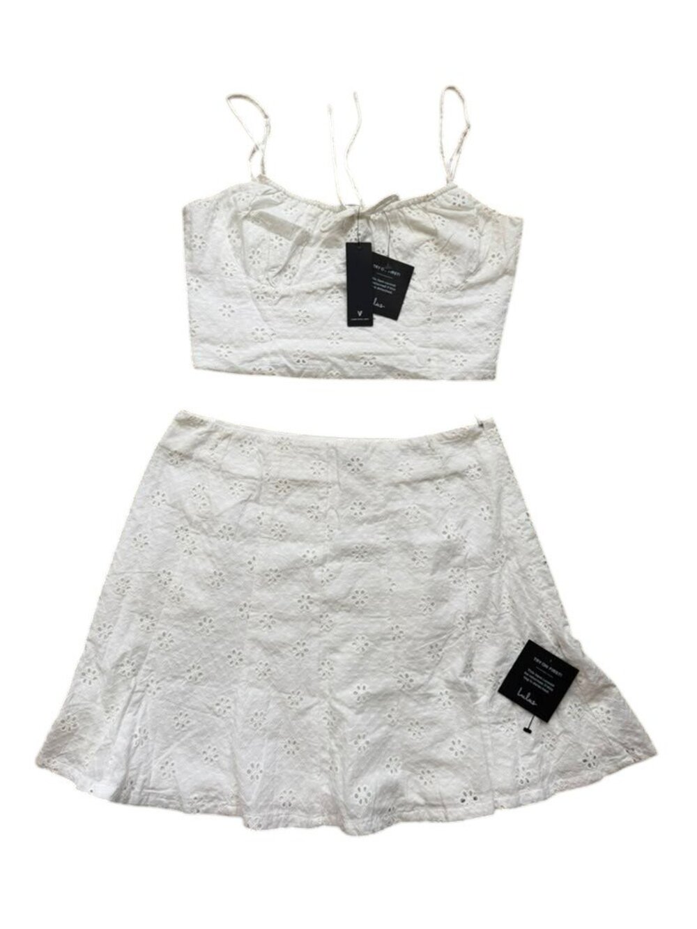 Lulus Eyelet Cotton 2 Piece Set Womens L White Crop Top Mini Skirt NWT Summer